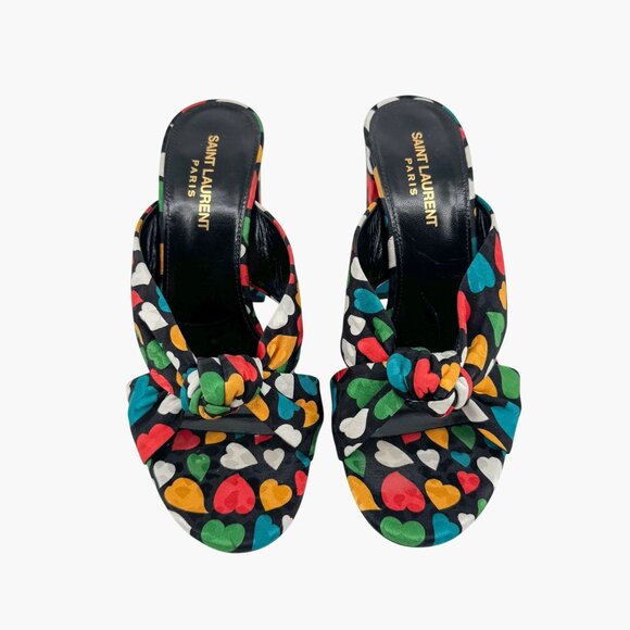 Saint Laurent Bianca Black Heart Knotted Mule Sandals Block Heel 38.5 US 8.5 - Picture 2 of 13